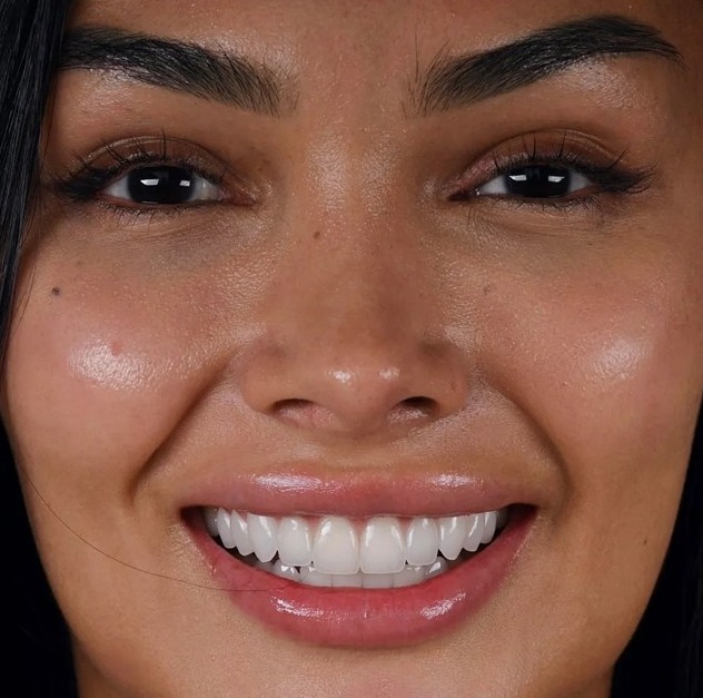 After: Full transformation: before treatment, the smile lacked brightness and balance; after treatment, a personalized cosmetic plan using custom porcelain restorations delivered luminous vitality and precise contouring in harmony with the patient's facial features.